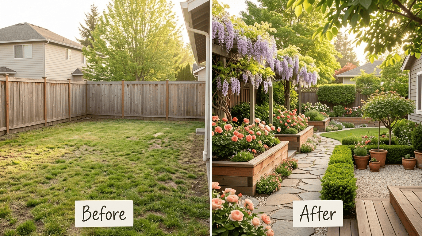 Before and after: a bare backyard transformed into a lush designed garden with beds, a stone path, and a patio