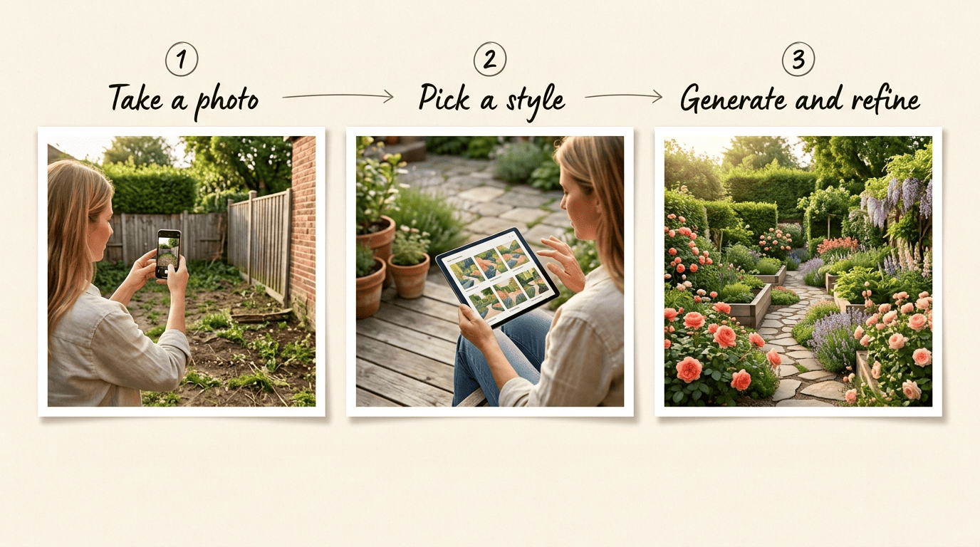 Three-step workflow: take a photo, pick a style, then generate and refine the garden design