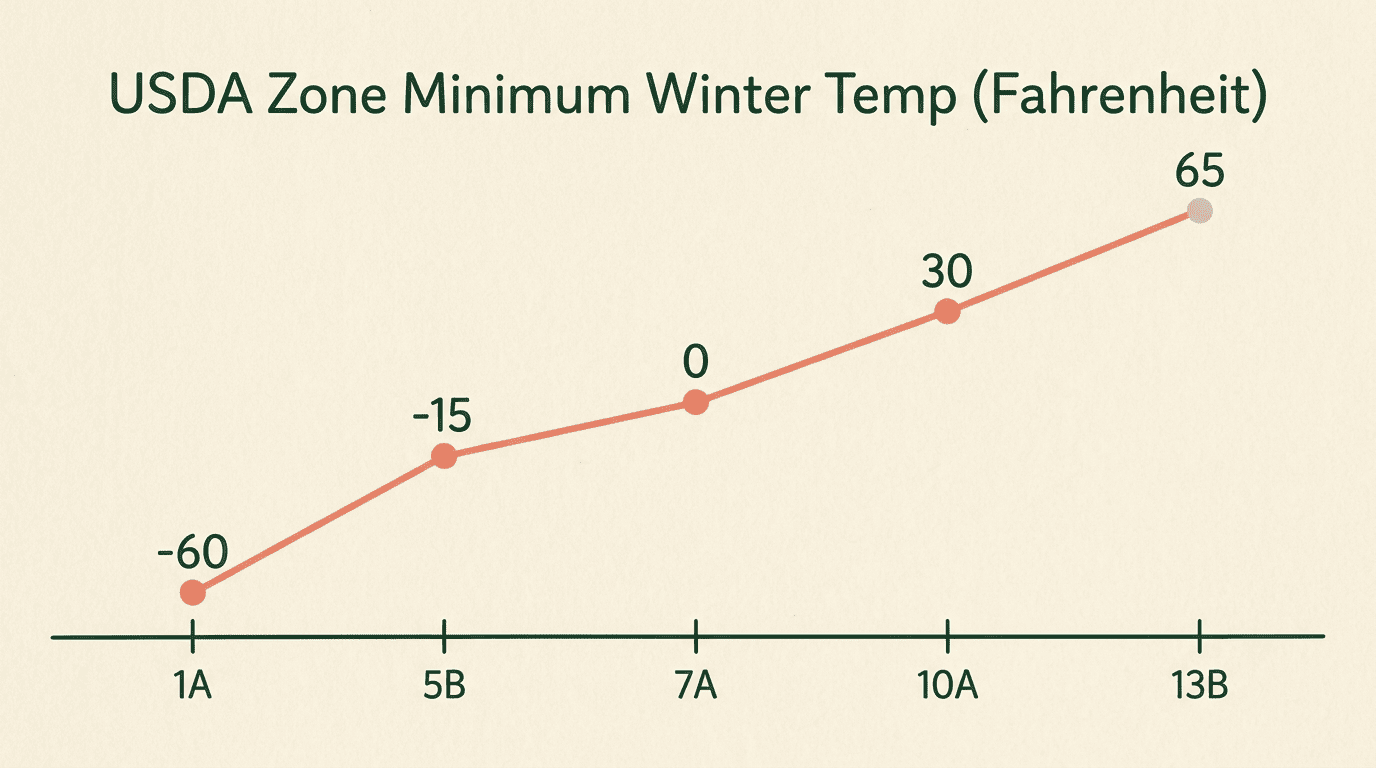 Line chart of USDA hardiness zone minimum winter temperatures from Zone 1A to Zone 13B