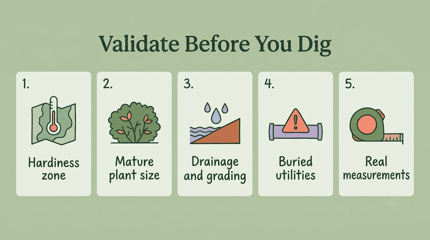 Checklist: hardiness zone, mature plant size, drainage and grading, buried utilities, real measurements