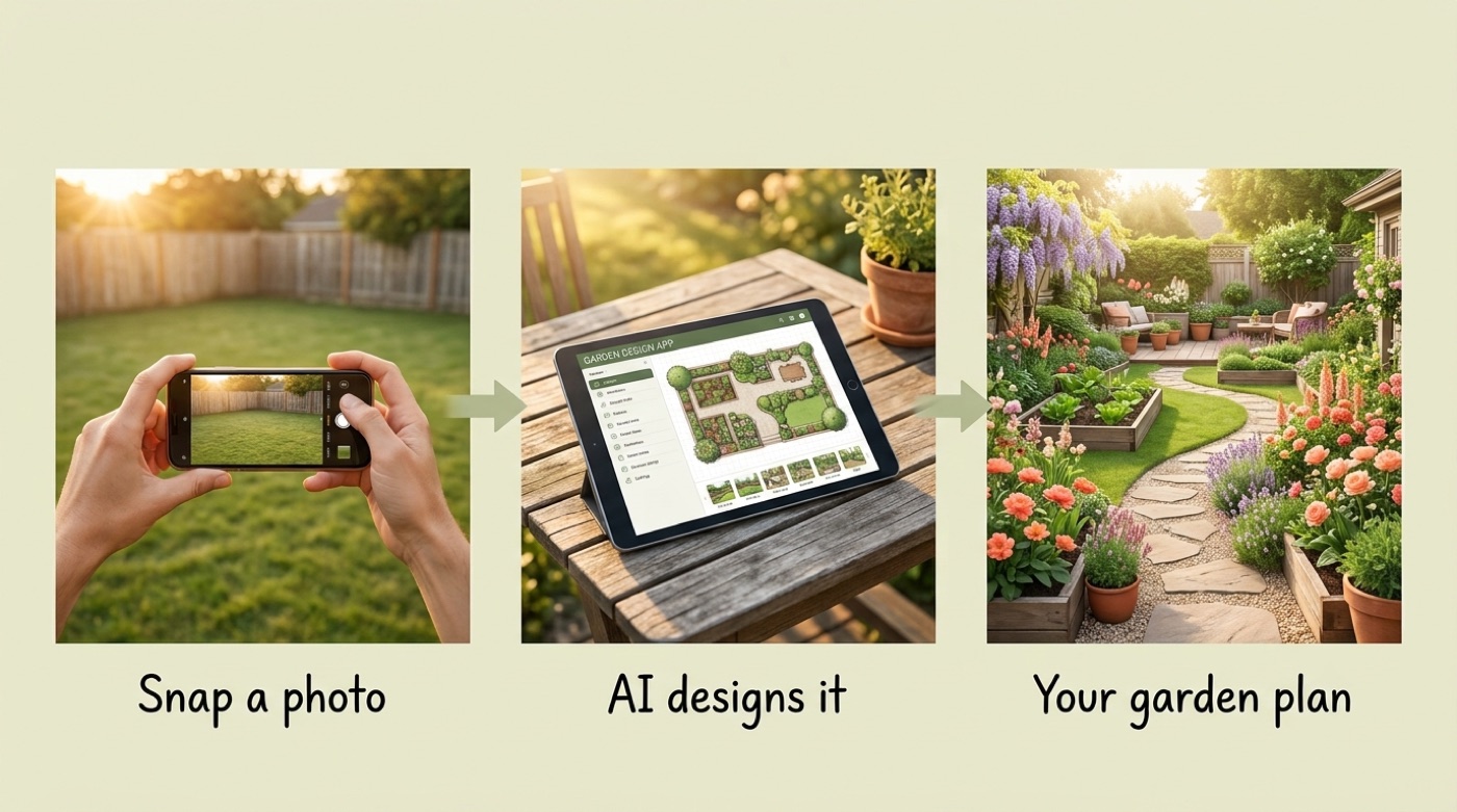 Three-step diagram of AI garden design: snap a photo of your yard, the app designs it, you get a plantable garden plan