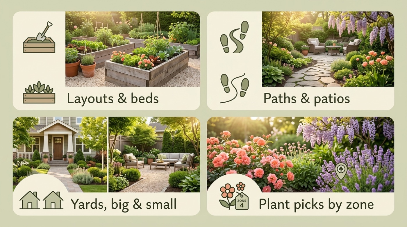 Infographic of what AI garden design covers: layouts, beds, paths, patios and plant picks by zone