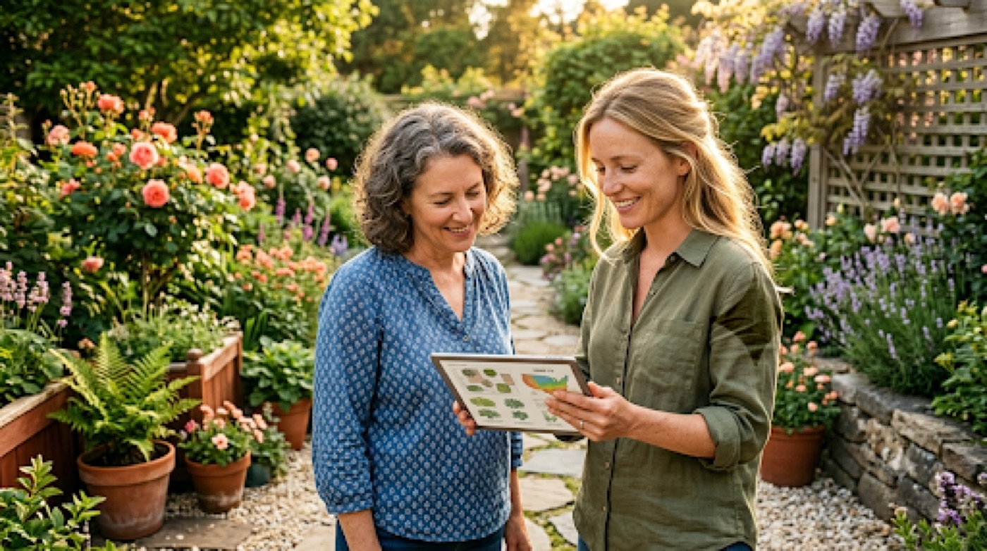 Garden designer and homeowner reviewing plant suggestions matched to a USDA hardiness zone on a tablet