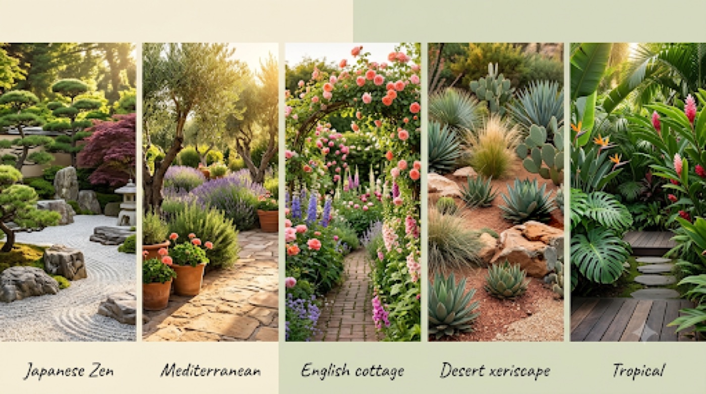Gallery of AI garden design styles: Zen, Mediterranean, cottage, xeriscape and tropical gardens