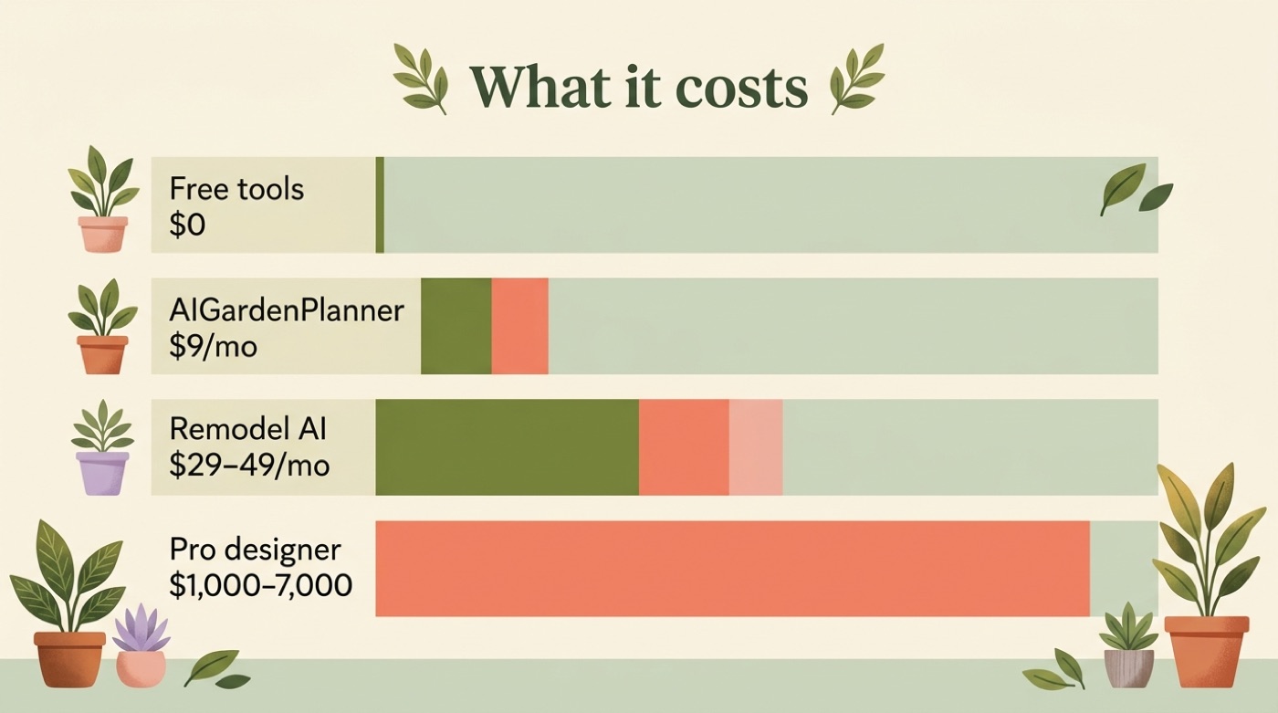 Bar chart comparing the cost of free AI garden tools, paid apps and a professional designer plan