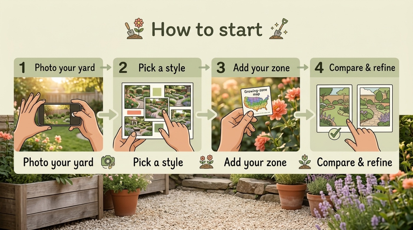 Four-step guide to start AI garden design: photo your yard, pick a style, add your zone, compare and refine